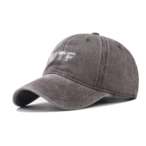 Macro detail of the white WTF 3D embroidery on a vintage washed grey cotton baseball cap