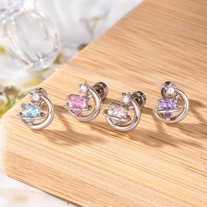 Star and moon heart zircon stud earrings in silver stainless steel, 4 colors set