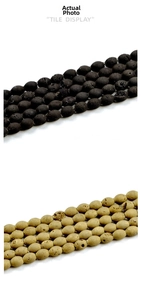 Detailed view of matte black and bronze geode agate stone beads in oval drum shape
