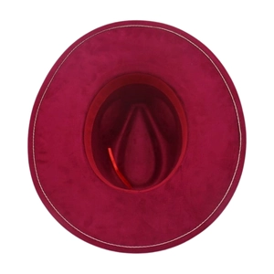 Overhead view of a magenta wide-brim fedora hat featuring white contrast stitching