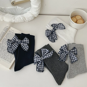 Retro grey cotton crew socks with plaid bow accent in various neutral colors set
