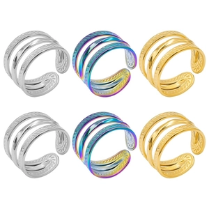 Detailed view of layered stainless steel rings in silver, gold, and rainbow finishes