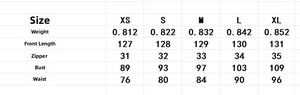 Detailed size chart for French sweet tweed dress including bust, waist, and length measurements