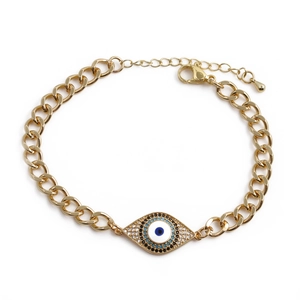 Gold evil eye bracelet with colorful cubic zirconia stones and adjustable link chain