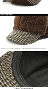 Detail view of winter warm baseball cap with plush brown fabric and reinforced checkered brim