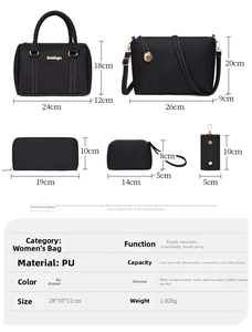 Size chart for 5-piece women's PU leather bag set with detailed dimensions and specs