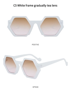 Detailed views of polygon sunglasses featuring white frames and gradient tea lenses