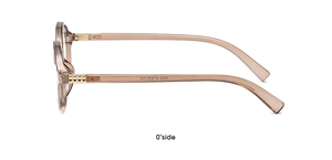 Detail view of oval tea-colored transparent frames with metal accents and size specs