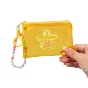Porte-monnaie en PVC jaune transparent avec paillettes liquides et chaîne de perles