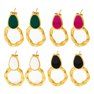 Vintage geometric hoop earrings with colorful enamel studs in green, red, white, and black
