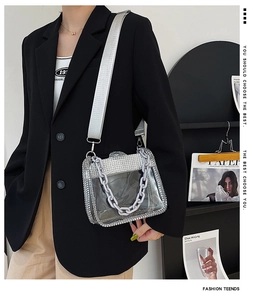 Detail of transparent PVC crossbody bag featuring rhinestone trim and wide nylon strap