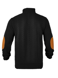 Rear view of black cable knit sweater with contrasting brown elbow patches