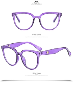 Macro view of purple translucent oversized frames with gold hinge accents and cat-eye shape