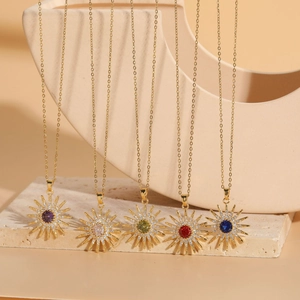 Close-up of luxury 14K gold plated sunflower necklaces with colorful zircon pendants