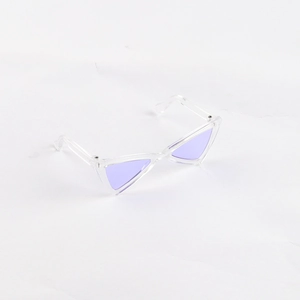 Macro detail of triangle cat sunglasses with clear frames and light purple lenses