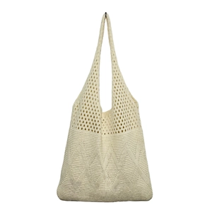 Retro cream knit tote bag with hollow mesh upper and diamond texture pattern on white base