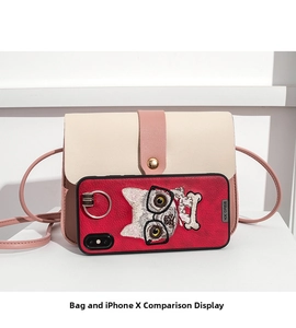Detailed size comparison of the beige and pink crossbody bag next to an iPhone X