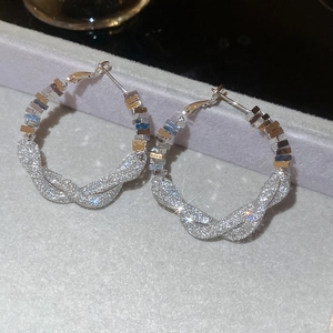 Macro shot of silver needle mesh hoop earrings with sparkling cubic zirconia texture