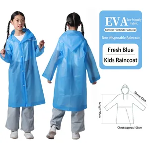 Reusable light blue EVA hooded raincoat for children featuring snap buttons and drawstring