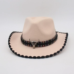 Ethnic beige wool felt jazz fedora hat with colorful ribbon and silver bull head buckle