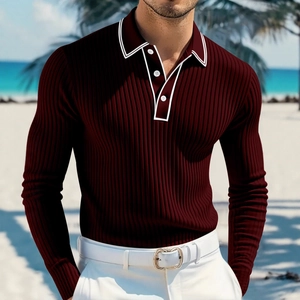 Polo Shirt Men Long Sleeve Ribbed Knit Contrast Trim Button Up Casual Fashion Slim Fit Tops
