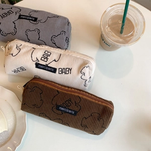 Corduroy pencil case with cartoon bear pattern in grey, beige and brown tones