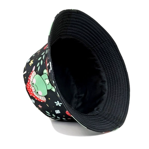 Black bucket hat with colorful frog and mushroom patterns for outdoor sun protection
