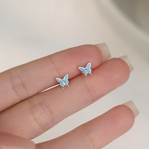 Minimalist S925 sterling silver butterfly stud earrings in fresh sky blue finish