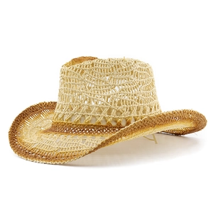 Breathable hollow-out straw cowboy hat with wide brim in beige brown gradient