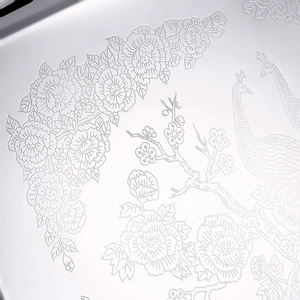 European style stainless steel tray with peacock and flower engravings in silver finish