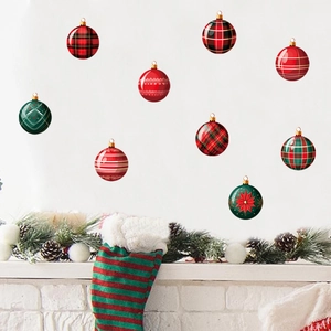 Christmas Ball Wall Stickers Removable PVC Decals Red Green Plaid Snowflake Pattern For Window Living Room Holiday Party Decoration