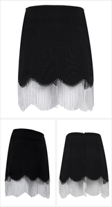 Detail of black mini skirt featuring silver rhinestone fringe and scalloped edge design
