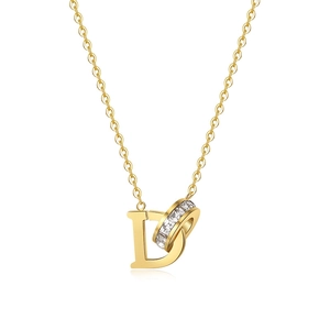 Minimalist gold titanium steel necklace with a D-letter and sparkling rhinestone ring pendant