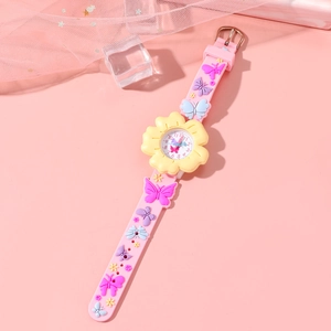 Close-up of pink children watch with yellow flower case and colorful butterfly relief band
