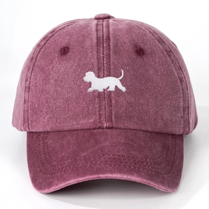 Vintage washed burgundy baseball cap with a detailed white puppy embroidery on front