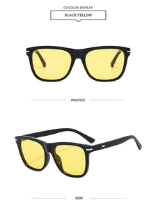 Classic square sunglasses with black frame and yellow lenses showing front and side views