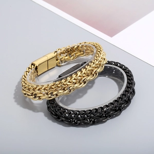 Mens double-layer stainless steel chain bracelets in gold and black with magnetic clasp