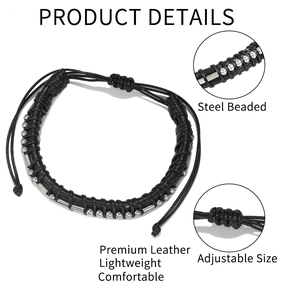 Morse code black leather woven bracelet with adjustable size and steel bead details