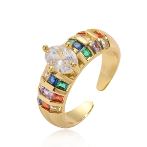 18K gold-plated ring with large oval zircon and colorful square side gemstones