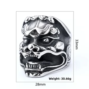 Detail view of punk devil mask ring with size 11 specifications and dimensions