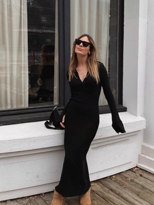 Knitted Maxi Dress Women Long Sleeve Deep V Neck Lapel Ribbed Slim Fit Flared Sleeve Elegant Solid Color Sweater Dress