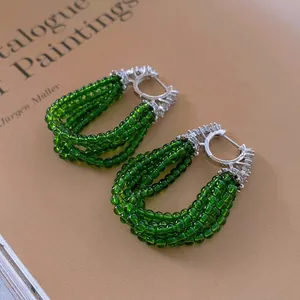 Créoles Vintage En Perles Vertes Avec Tige En Argent Zircon Cuivre Gland Multicouche Style De Luxe Rétro Pour Femmes