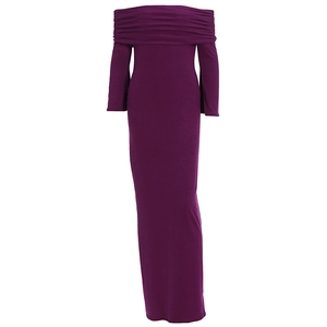 Detail of elegant off-the-shoulder neckline with pleated ruffles on purple maxi dress