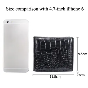 Men's crocodile leather wallet with horizontal design and dimensions compared to a phone