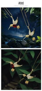 Detail showing hummingbird pendants with red and green stones and gold plating