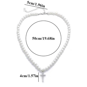 Men's pearl necklace with rhinestone cross pendant and size dimensions in inches and cm