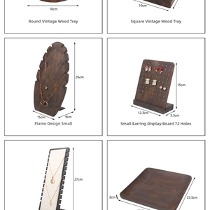 Macro detail of rustic dark brown wooden jewelry display stand set with various sizes