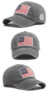 Detailed views of gray washed cotton baseball cap with American flag and USA embroidery
