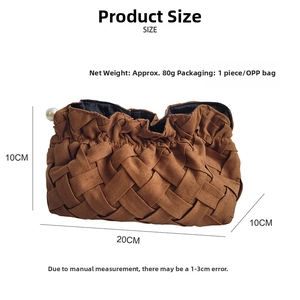 Size chart showing 20x10x10cm dimensions of a brown woven corduroy cherry cosmetic bag
