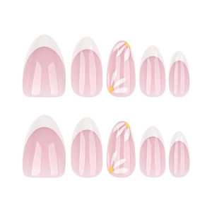 Short almond press-on nails with white French tips and delicate daisy floral designs